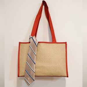 Yves Saint Laurent Red Tan Woven Tote Bag With YSL Silk Tie, EUC